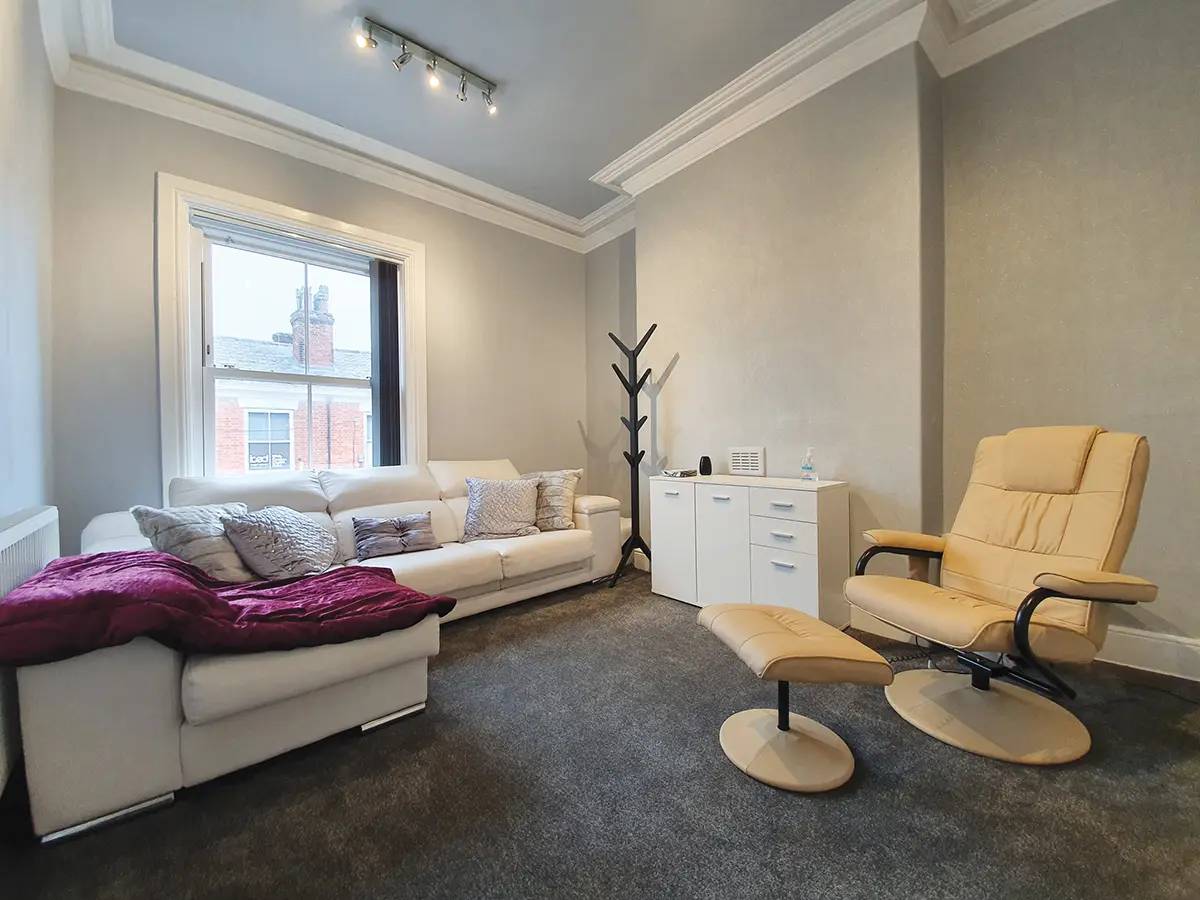 A luxury laser teeth whitening treatment room at Pure White Smile in Chorley, Lancashire, featuring a private, comfortable and spa-style environment for professional teeth whitening.