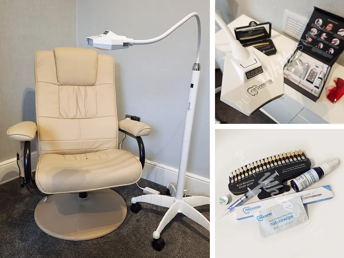 A collage showing the massaging chair, Naturawhite Diamond Light 80W laser and professional products used during the laser teeth whitening process inside the Pure White Smile treatment room in Chorley.