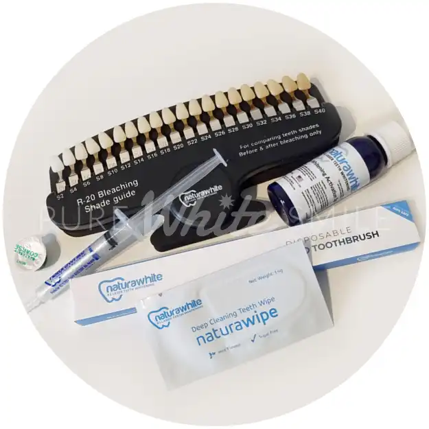 The R-20 bleaching shade guide used to record a client’s tooth shade before laser teeth whitening, alongside the products used in step 1 of the Pure White Smile treatment process in Chorley.